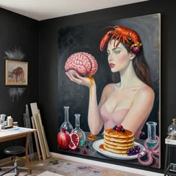 black walls, apartment of an art student, sensual portrait of a woman holding a brain, lobster, mangosteen, honey dripping, berries dripping juice, pancakes, pomegranate, berries, octopus, scientific glassware, neo - expressionism, surrealism, acrylic and spray paint and oilstick on canvas