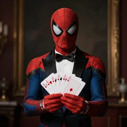 spiderman in a tuxedo holding a deck of playing cards, in a dark room, dim light, realistic light, soft light, focus, depth of field, photorealism, 8 k quality, high quality, realistic style, old painting, classicism painting