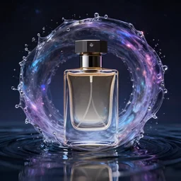 perfume bottle surrounded by artistic galactic water waves