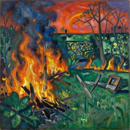 an english garden is in flames. there is destruction. kandinsky
