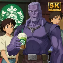 thanos at starbucks, cel shading, by hayao miyazaki and yusuke murata and makoto shinkai and ross tran, intricate detail, cinematic, 8 k, cel shaded, unreal engine, featured on artstation, pixiv, anime style