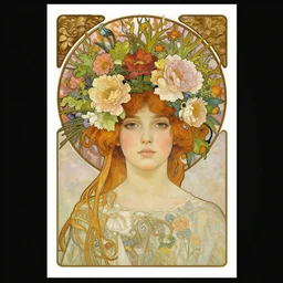 a painting of a beatiful young girl with a lot of flowers and plants on its head, poster art by android jones, by alphonse mucha, behance contest winner, generativ line art