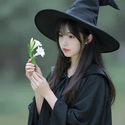 a beautiful young witch in a black robe, holding white brugmansia
