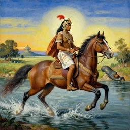 a exotic metro pollynsdian warrior riding horse through a river, painted by jorgihno gisbana and takashi tokyo, style of ultra capitalism surrealism, surrealist artwork, ancho socialist styling