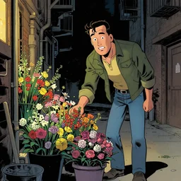 Spawn selling flowers in an alley at night, by Todd MacFarlane