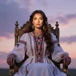 portrait photography of ukrainian princess of the dawn, beautiful woman, elegant, celebration costume, jewellery, sitting in the throne, highly detailed, hyper realistic, dramatic sky, dawn, pastel, deep gaze, pretty face, glowing, in the style of annie leibovitz