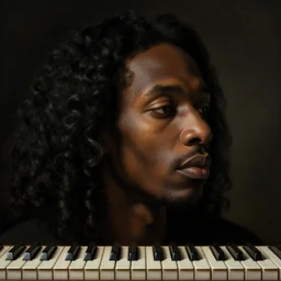a black man's face with long curly hair in profile, made of piano keys, in the style of the Dutch masters and Gregory Crewdson, dark and moody