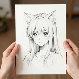 person holding a picture, picture is sketch of an anime catgirl by mike kime, ludovic plouffe, qi sheng luo, sharp focus, photography, unreal engine, trending on artstation, photorealistic, octane, trending on deviantart