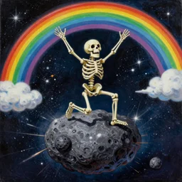 painting by zdzisław beksinski, skeleton riding an asteroid through space, stardust and sparks and glitter sparking in the air, epic painting, cinematic, peace love and joy, rainbows, happiness