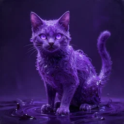 a realistic painting of a cat made out of a maical purplw liquid, purple cat, sci - fi, glowing, dramatic lighting