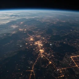 a view of an alien planet! gorgeous! viewed from thirty five thousand feet in the air! you can make out city lights on the night side! high detail, 8 k, cgimovie, trending on artstation