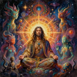 a beatufil cosmic detailed painting of an spiritual mystic man in a new world with strage but beautiful beings and psychedelic surreal forms