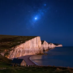 a night time landscape photo of the seven sisters cliff faces, famous composition with cottage, in the sky is an astrophotography view of the pleiades cluster, shining brightly blue