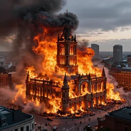 a beautiful hyperrealistic detailed 3D render of manchester burning, by Anton Otto Fischer, Atey Ghailan, genzoman, unreal engine, octane render, gigantic, 3D, brilliantly coloured, intricate, ultra wide angle, trending on artstation, embers, smoke, dust, dusk, volumetric lighting, HDR, polished, micro details, ray tracing, 8k