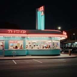 color street view in america of market district at night, diner, from 1 9 7 2, retro futurism on film kodachrome. muted tones