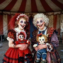 a colorful portrait photograph of grandparents in an abandoned circus, with diabolical cursed creepy dolls, poppy playtime style, with crazy laughs and crazy eyes, taken by martin parr, saturated colour photo kodachrome