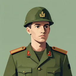 soldier, portrait. bauhaus, angular, geometric. olive green color theme. flat, solid background. simple shapes. strong outline