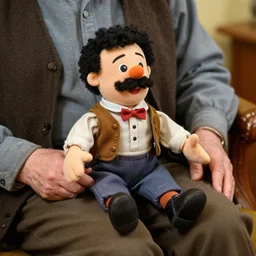 pretty ventriloquist dummy sitting on old man's knee