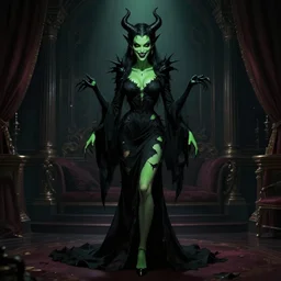 gorgeous eva green, evil demon, full body shot, torn black dress, evil smile, spooky, illustration, symmetrical face realistic eyes, cinematic lighting, artgerm, hyperdetailed, charlie bowater, beautiful, elegant, dark bedroom marc simonetti