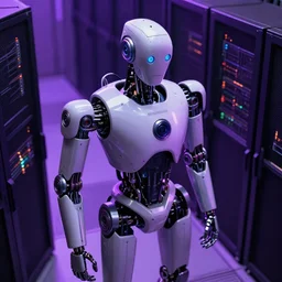 hyperrealistic medium shot robot cyborg in wires data center server! by stanley kubrick highly detailed concept art zdzisław beksinski william gibson cinematic low purple lighting high angle hd 8 k sharp shallow depth of field
