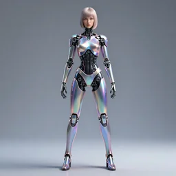 Epic masterpiece of a female android robot inspired by ghost in the shell, full body shot, 8k, iridescant colors.