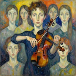 in the style of james jean, yoshitaka amano, ljuba popovic, miles johnston, agnes pelton, moebius! dream portrait of a young violinist focusing and violin hanging in air painted by vincent lefevre and hernan bas and james jean and pat steir and hilma af klint, psychological, symmetrical face, dripping paint, washy brush, background with