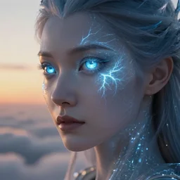 biblical shy beautiful female ice mage android, heavy eyes to the side, closeup, bright glowing veins and eyes, in clouds, sunset, portrait, by gerald brom, by mikhail vrubel, by peter elson, muted colors, extreme detail, reflections, trending on artstation, 8 k