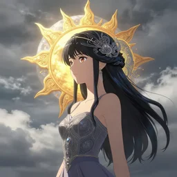 cloudy sky has a face, intelligent girl, elegant, anime, fantasy, sun, moon, unique, highly detailed, artstation, magical, intricate, 4 k, art by studio bind and kyoto animation and wit studio and hyeyoung kim