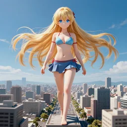 bird perspective : a giant macro very beautiful young yuuki asuna, full body, long wavy blond hair, sky blue eyes, full round face,, bikini, miniskirt, stepping on a miniature city, cinematic wallpaper by stanley artgerm lau