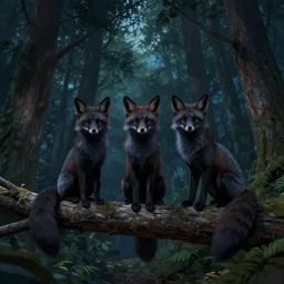 three black foxes sitting on a branch in a dense forest at night, low angle shot, detailed illustration, hd, overdetailed art, worms-eye-view, by greg rutkowski, trending on ArtStation, concept art, cgsociety, octane render, trending on artstation, artstationHD, artstationHQ, unreal engine, 8k