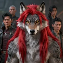 beautiful portrait of a black male anthropomorphic wolf fursona long red hair. character design by cory loftis, fenghua zhong, ryohei hase, ismail inceoglu and ruan jia. artstation, volumetric light, highly detailed, photorealistic, fantasy, rendered in octane