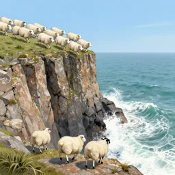 forty five white sheep racing towards a cliff made of jagged rock and we can see them falling like lemmings down the cliff into the sea and facing the crashing white waves, there is one single black sheep going against the crowd, clear blue skies, old colored sketching, cliff panoramic shot