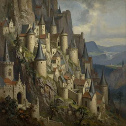 steep cliffside medeival fantasy city, painting, intricate and detailed, hight quality