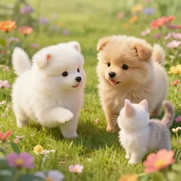 fluffy puppies and kittens playing in the flower garden, deep dream, digital art, hyperealism, textured 3 d, photorealistic, concept art, intense detail, art station, 4 k