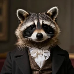 candid photo of a raccoon dressed as a victorian gentleman