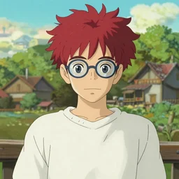 beautiful anime Steve Brule with red curly hair and glasses, wearing a white sweater, fine details portrait, village in the background, bokeh. anime masterpiece by Studio Ghibli. illustration, sharp high-quality anime illustration in style of Ghibli, Ilya Kuvshinov, Artgerm