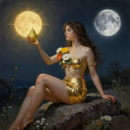very realistic beautiful painting of a goddess wearing a short metallic golden skirt covering her whole body holding flowers and levitating a pear, sun on the left moon on the right as she is sitting on a rock at night time, realistic 8K HD