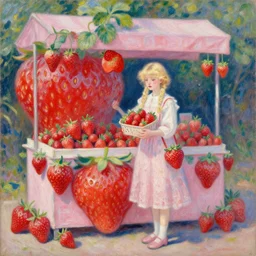 Cute Blonde Girl 21 years old with locks sells Strawberries in a fruit stand, the fruit stand is a giant Strawberry, oil on canvas, Impressionism