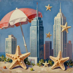 a skyscraper, beach umbrella, starfish,, starfish, oil painting, intricate, dreamy aesthetic, highly detailed, octane render, unreal engine 5, by danton fadeev