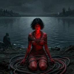 evil, shore of the lake, woman, wrapped around by tubes and cables, short black curly hair, glowing red, by edgar maxence and ross tran, zdzisław beksinski, and michael whelan, distant, gustav dore, h. r. giger, 8 k, octane render