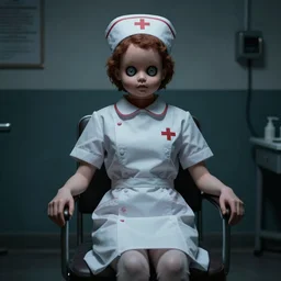 a nightmarish nurse with a doll head and button eyes sat on a chair in a lunatic asylum!!!