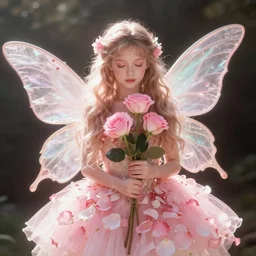 pink pastel fairy girl + pink rose + fairy girl + rose and flower petal skirt