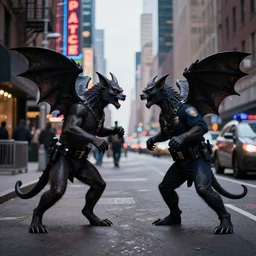 gargoyles fighting police in the streets of new york city with neon signs lighting the environment