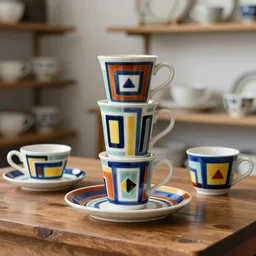beautiful ceramics studio photograph of a tall colorful geometric symmetrical fancy ceramic coffee cup set, glazed by paul klee and victor vasarely, placed on a polished wooden table, hyperrealism 8 k trending on artstation