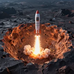 a cartoon rocket launching from a massive crater