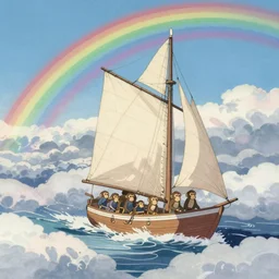 etching peaceful by makoto shinkai, by donna huanca. a beautiful drawing of a sailboat sailing on a sea of clouds, with a rainbow in the background. the sailboat is crewed by a group of monkeys, & the sails are billowing in the wind.