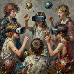 junky kids playing, microspheres, cybertronic gadgets and vr helmet, durty colours, micro technology, rotten textures, rusty shapes, biotechnology, tim hildebrandt, wayne barlow, bruce pennington, donato giancola, larry elmore, oil on canvas, masterpiece, trending on artstation, featured on pixiv, cinematic composition, hyper - detailed, hd, hdr, 4 k, 8 k