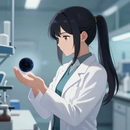 an anime concept art of a beautiful young female scientist in a laboratory holding a small black hole in her hands, style by jordan grimmer and greg rutkowski, side view, ponytail, elegant, sharp focus, morandi color scheme, illustration, high quality, highly detailed, digital art, 4 k wallpaper, hyperrealism