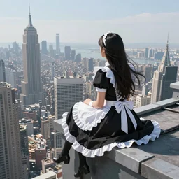 Lady in a black and white maid dress with long hair, she is sitting on the roof of a skyscraper and looking at the horizon of a large city, sci-fi, highly detailed, digital painting, artstation, concept art, smooth, sharp focus, illustration, art by artgerm and greg rutkowski and alphonse mucha