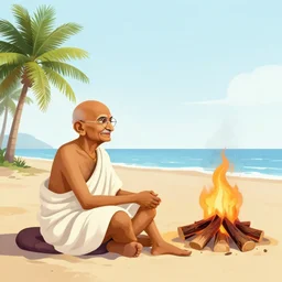 gandhi at the beach sitting on the sand next to a campfire with palm trees in the back, 3 d render, official art, promotional art, beautiful intricately detailed, 8 k,